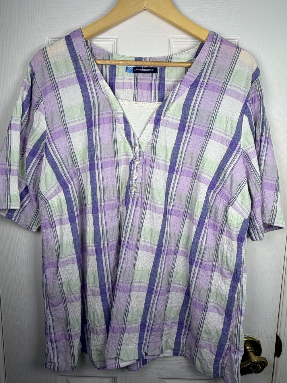 Penningtons Lavender Green Plaid Button Down Shirt Women's Size X Cotton Stretch